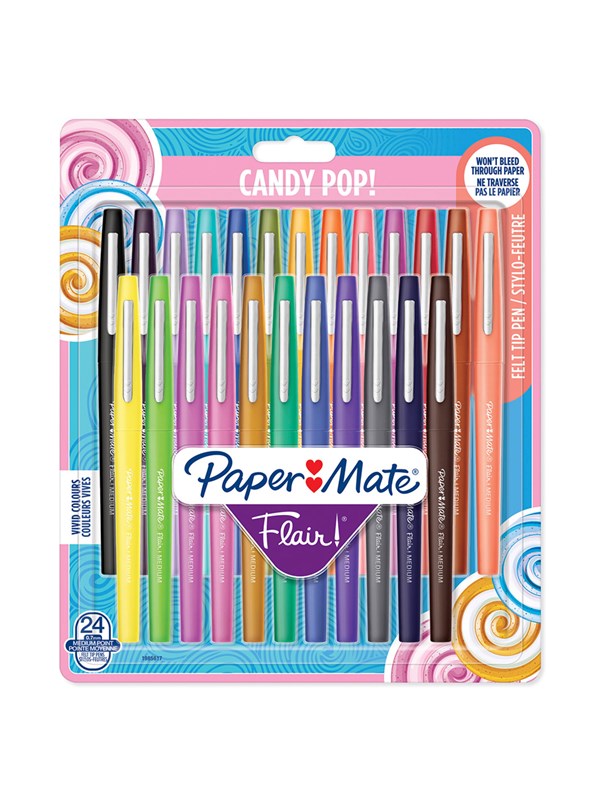 Paper Mate Flair filtspetspennor | Mediumspets (0,7 mm) | Sortiment av Candy POP-färger | 24 stycken