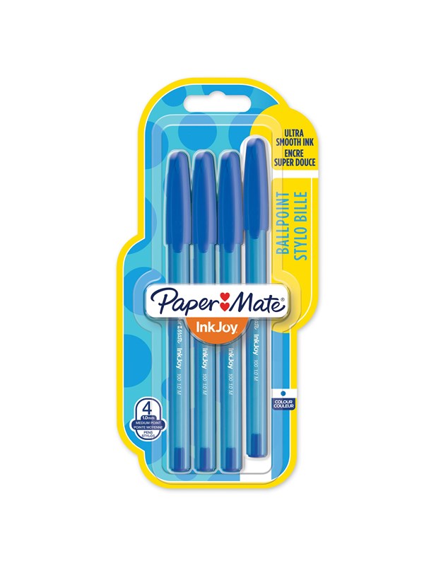 Paper Mate InkJoy 100ST Kulspetspennor med huv| Mediumspets (1,0 mm) | Blå | 4 stycken