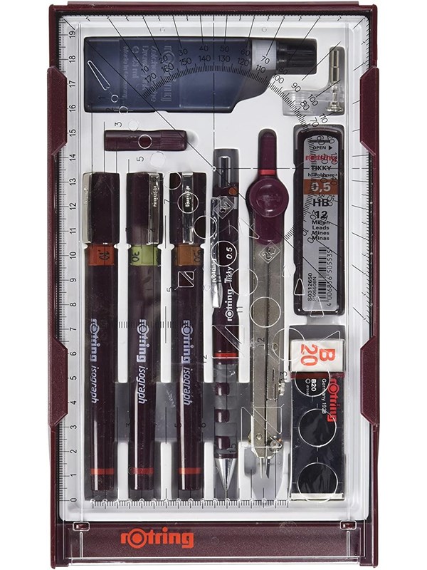 Rotring rOtring Isograph Teknisk Pen Master Set | 3 fineliners (0,10 mm, 0,30 mm, 0,50 mm), mekanisk penna (0,5 mm), kompass och tillbehör | Set i 10 delar i fodral