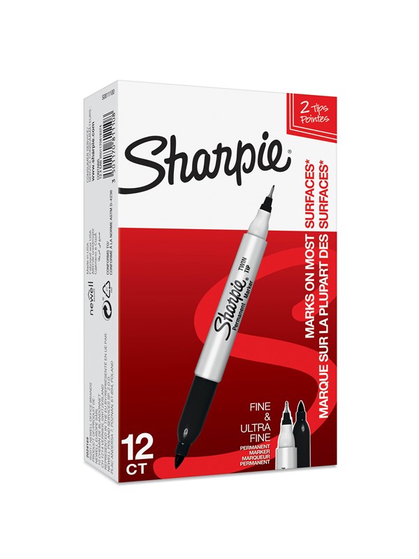 Sharpie Twin Tip permanenta märkpennor | Fin och ultrafin spets | Svart | 12 stycken