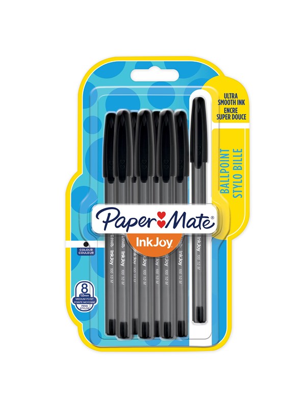 Paper Mate InkJoy 100ST Kulspetspennor med huv | Mediumspets (1,0 mm) | Svart | 8 stycken