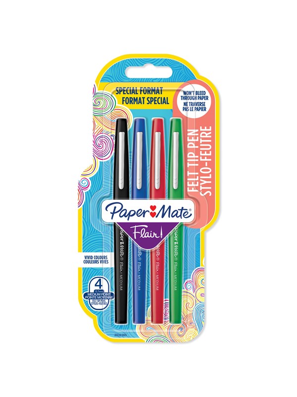 Paper Mate Flair filtspetspennor | Mediumspets (0,7 mm) | Sorterade färger | 4 stycken
