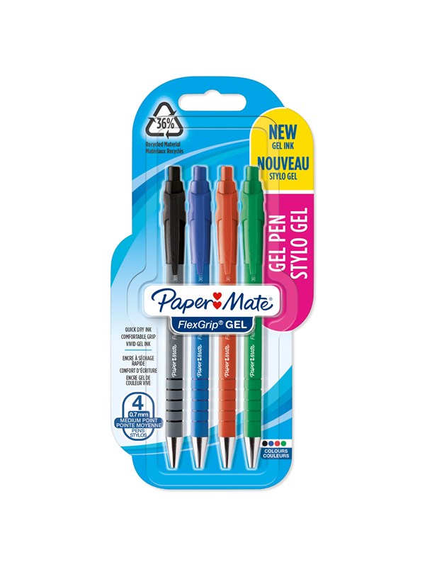 Paper Mate FlexGrip Gel Pennor | 0,7 mm | Svart | blått | rött och grönt bläck | 4 stycken