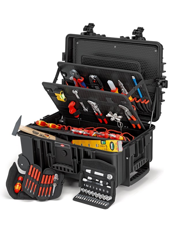 KNIPEX Verktygsväska "Robust45 Move" elektro, 63 delar, med integrerade hjul och teleskophandtag