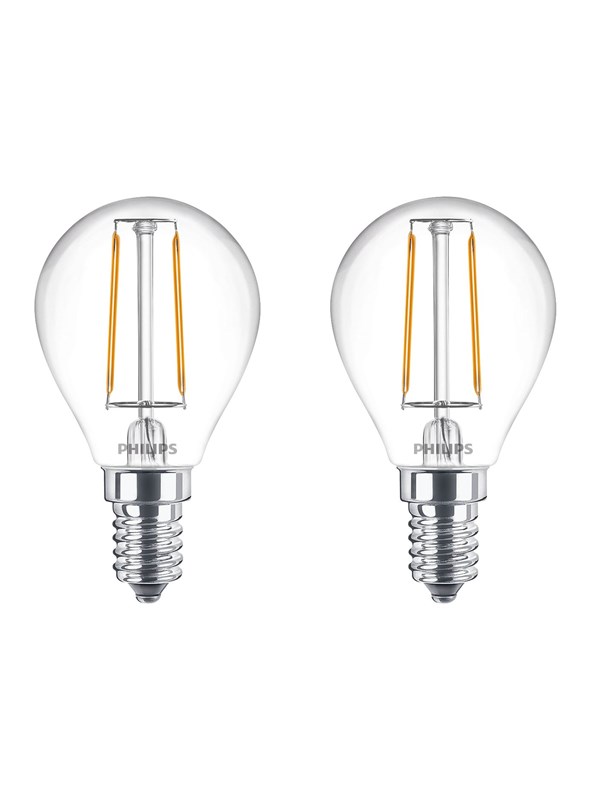 Philips LED-glödlampa Classic Mini-ball 2W/827 (25W) Clear 2-pack E14