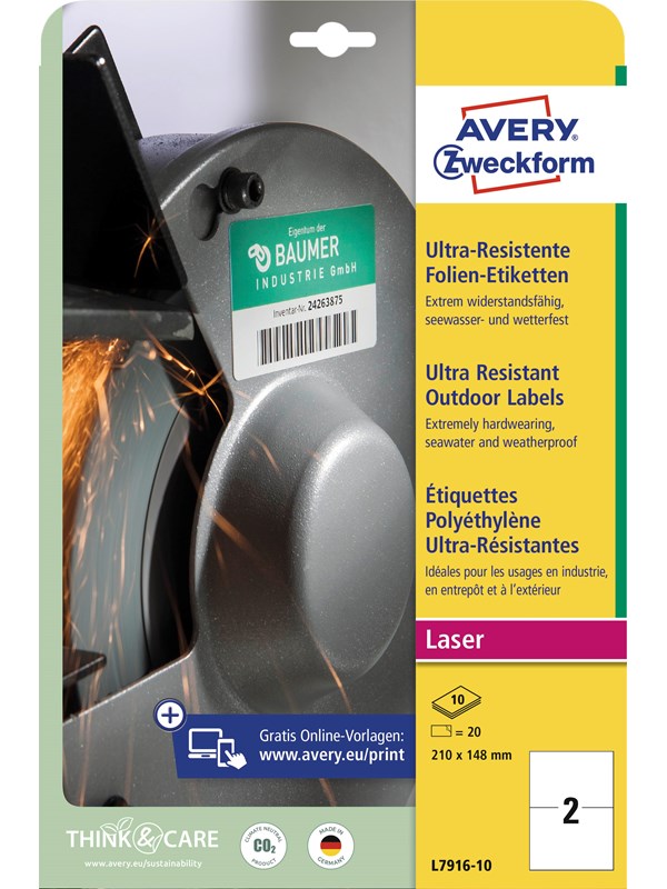 Avery Ultrabeständiga utomhusetiketter, 210 x 148 mm, 20 Etiketter, Vit