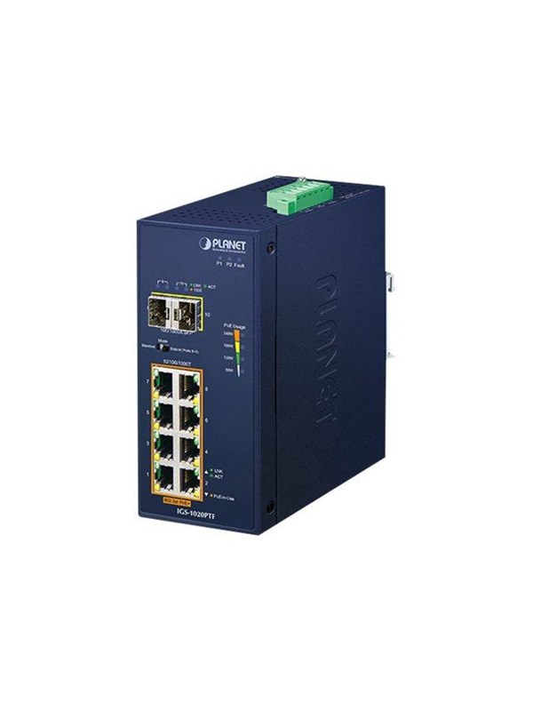 PLANET IGS-1020PTF Industrial 8-Port 10/100/1000T 802.3at PoE + 2-Port 100/1000X SFP Ethernet