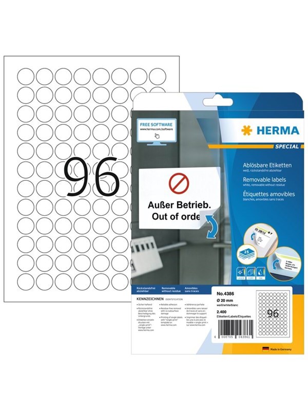 HERMA Removable labels A4 Ø 20 mm white Movables® technology