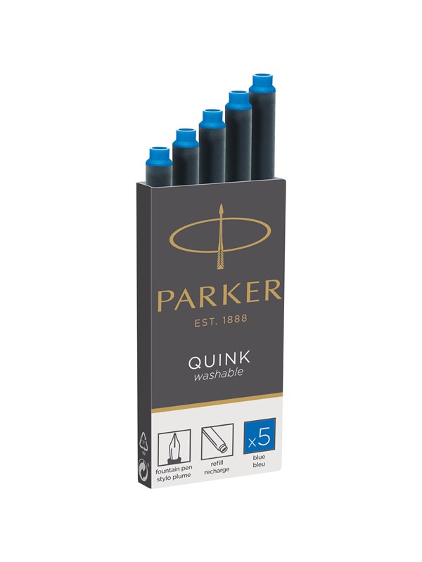 Parker QUINK långa bläckpatroner för reservoarpennor | Tvättbart blå | 5 st