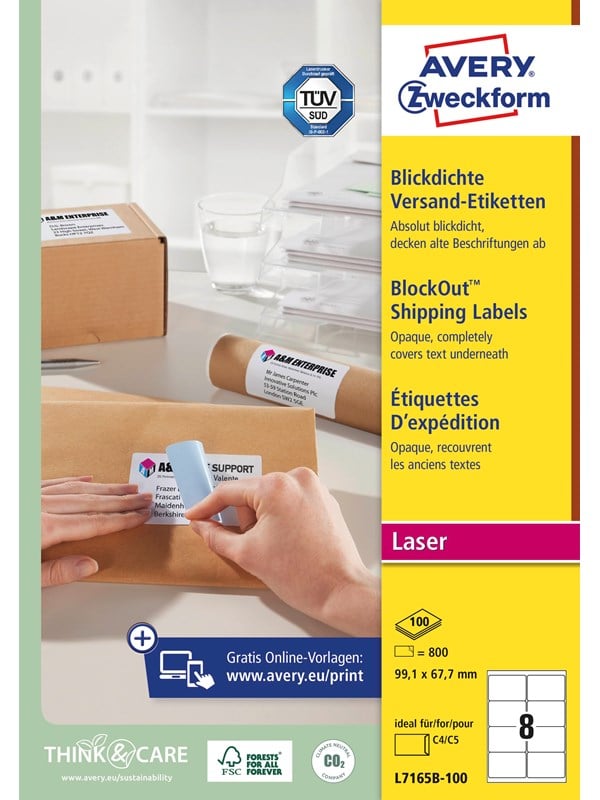 Avery Etiketter med BlockOut™, 100 % täckande, 99,1 x 67,7 mm, Vit