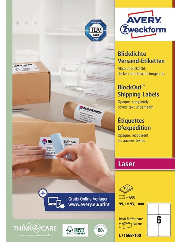 Avery Etiketter med BlockOut™, 100 % täckande, 93,1 x 99,1 mm, Vit
