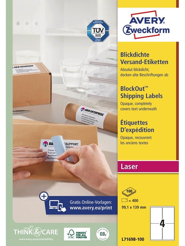 Avery Etiketter med BlockOut™, 100 % täckande, 99,1 x 139 mm, Vit