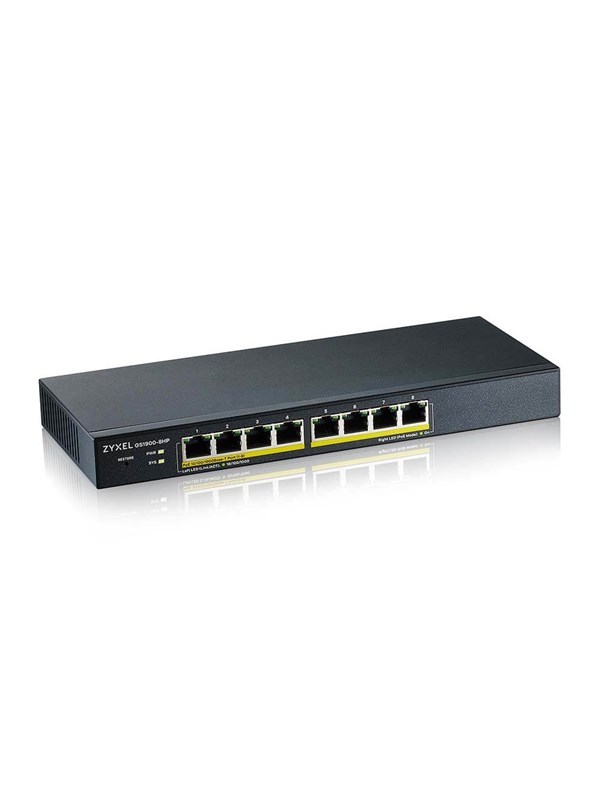 Produktfoto för Zyxel GS1900-8HP - Switch - smart - 8 x 10/100/1000 (PoE+) - skrivbordsmodell, väggmonterbar - PoE+ (70 W)