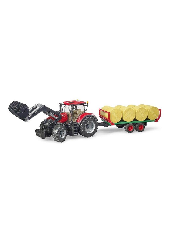 Bruder Case IH Optum 300 CVX with frontloader with bale transport trailer with 8 round bales