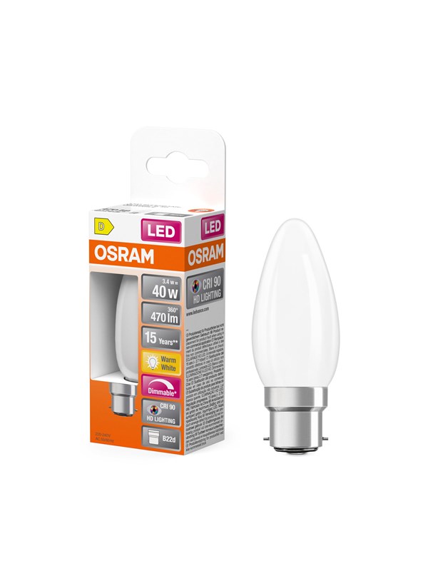 Osram LED-glödlampa LED Comfort candle frosted 470lm 3.4W/927 (40W) B22d dimmable B22d