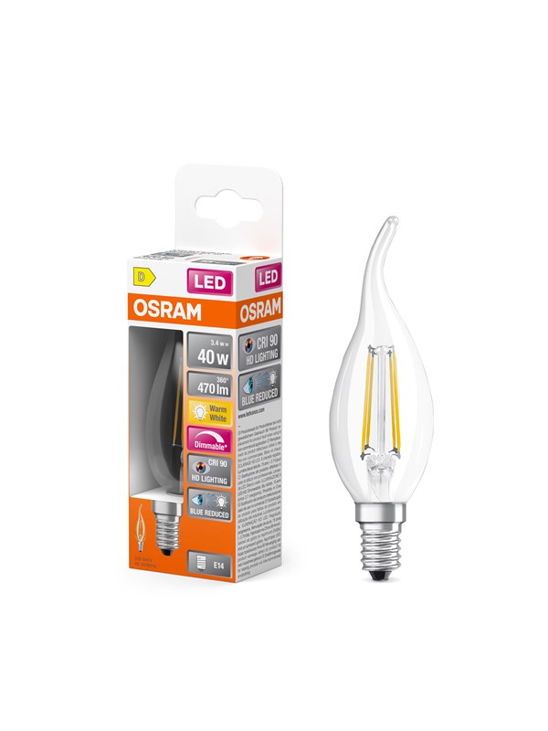 Osram LED-glödlampa LED Comfort candle vindstød filament 470lm 3.4W/927 (40W) E14 dimmable E14