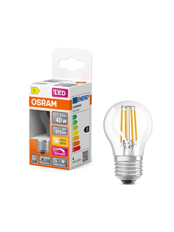 Osram LED-glödlampa LED Comfort mini-ball filament 470lm 3.4W/927 (40W) E27 dimmable E27