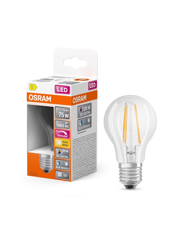 Osram LED-glödlampa LED Comfort standard filament 1055lm 7.5W/927 (75W) E27 dimmable E27