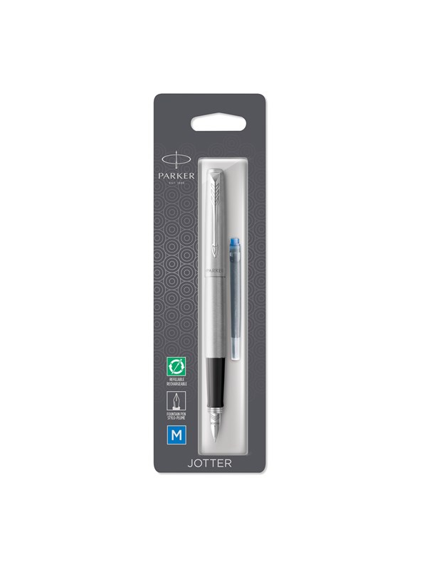 Produktfoto för Parker Jotter reservoarpenna, rostfritt stål med kromdetaljer, blått bläck med medium spets, bubbelförpackning