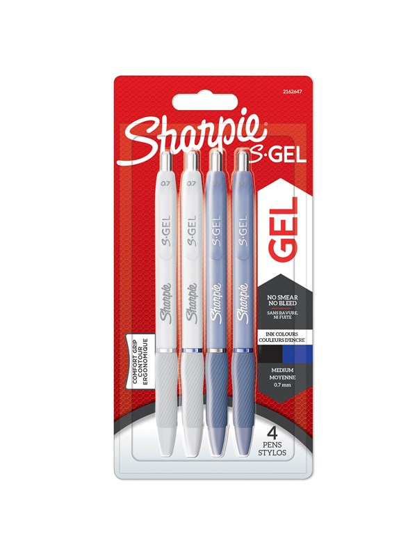 Sharpie S-Gel | Gelpennor | Mediumspets (0.7mm) | Frost Blue &amp; White Pearl pennkroppar | Svart &amp; Blått bläck | 4 stycken