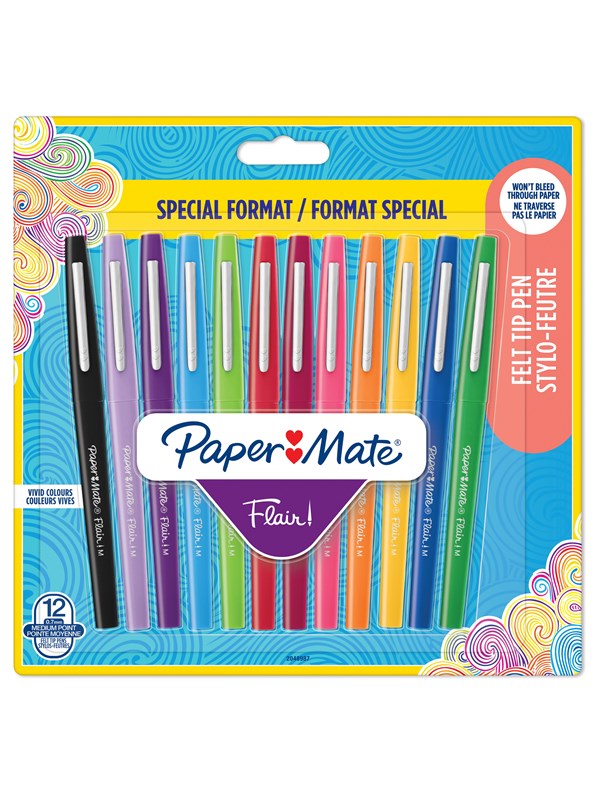 Paper Mate Flair filtspetspennor | Mediumspets (0,7 mm) | Sorterade färger | 12 stycken