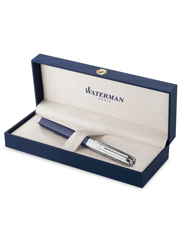 Waterman Exception reservoarpenna | Metall & Blålack med palladiumlist och etsad hätta | 18K guld fin spets | Presentförpackning - SEK 5.820 - Spara 24%
