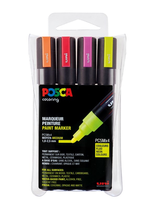Produktfoto för Paintmarker Uni Posca PC-5M med 4 stk. ass. flourescerende farver