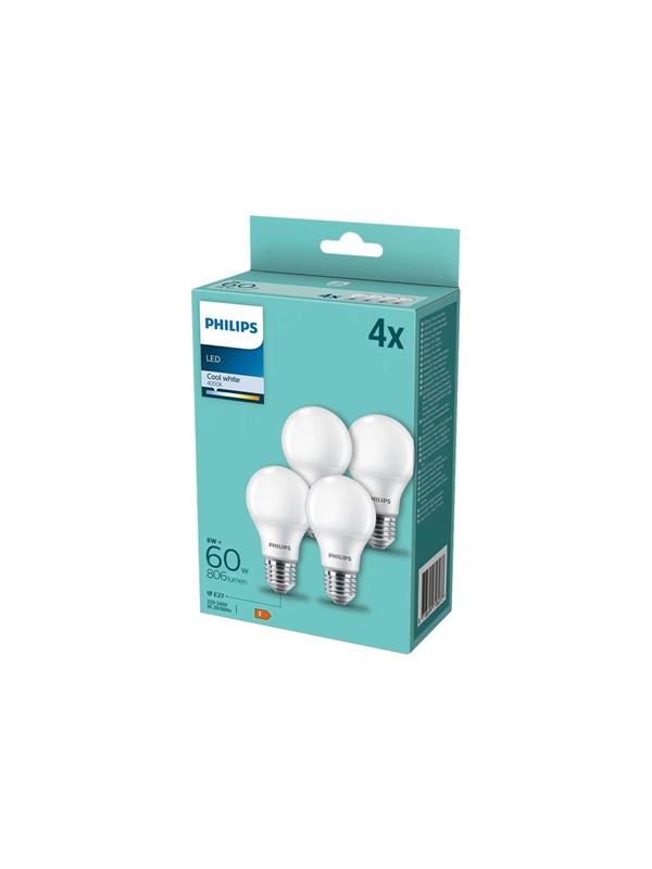 Philips LED-glödlampa Standard A60 8W/840 (60W) Frosted 4-pack E27