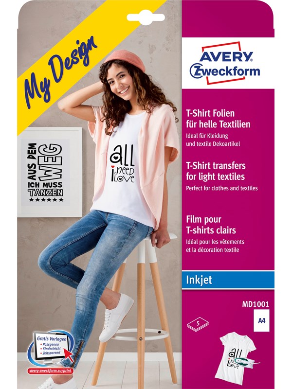 Avery Transferfilm att stryka på t-shirt för ljusa material, 210 x 297 mm,