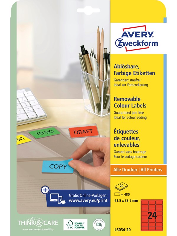 Avery Färgade etiketter, 63,5 x 33,9 mm, 480 Etiketter, Röd