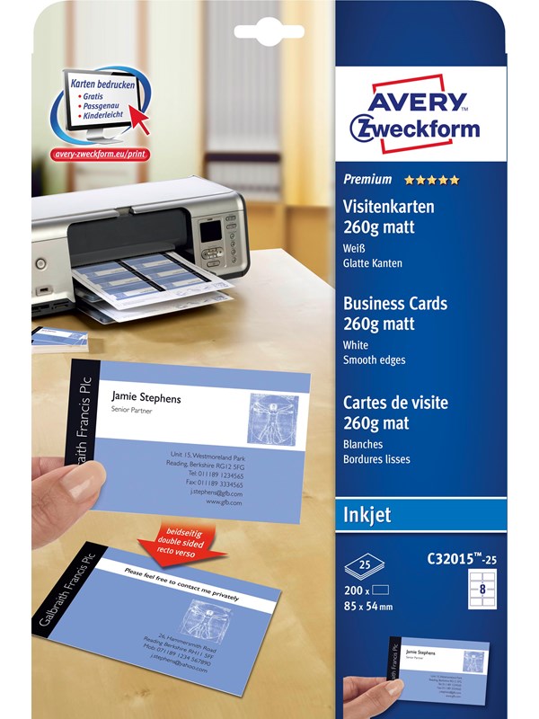 Avery Premium visitkort, 85 x 54 mm, dubbelsidig beläggning, 260 g/m², 200 Kort
