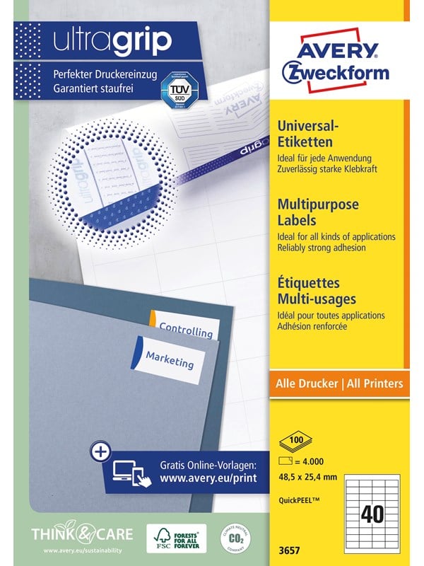 Avery Universaletiketter, 48,5 x 25,4 mm, 4.000 Etiketter, Vit
