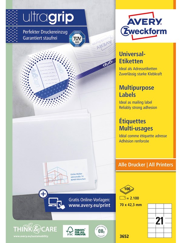 Avery Universaletiketter, 70 x 42,3 mm, 2.100 Etiketter, Vit
