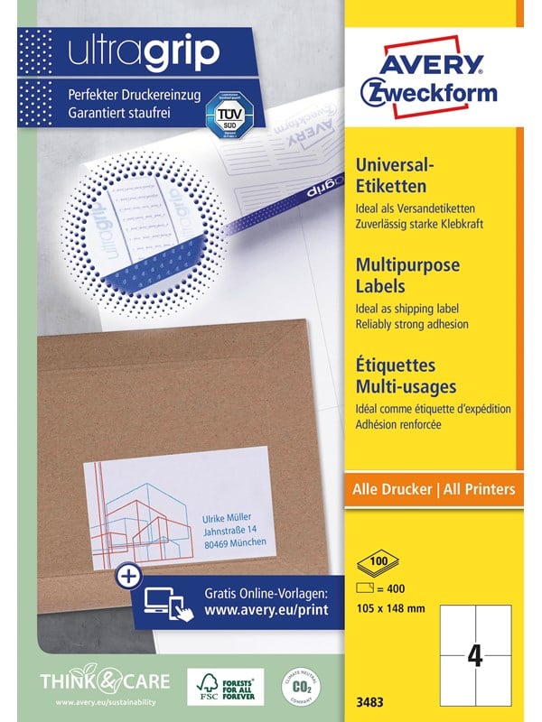 Avery Universaletiketter, 105 x 148 mm, 400 Etiketter, Vit