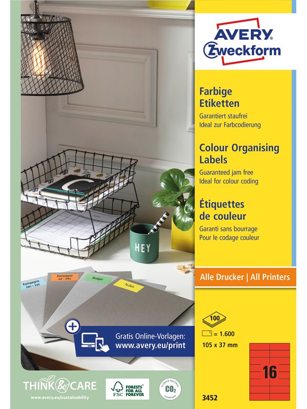 Avery Färgade etiketter, 105 x 37 mm, 1.600 Etiketter, Röd