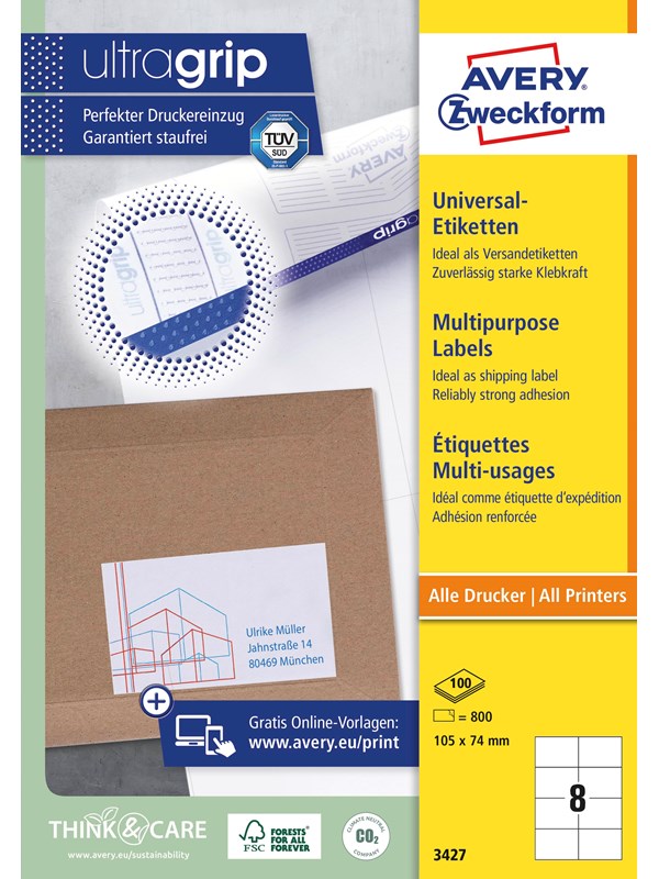 Avery Universaletiketter, 105 x 74 mm, 800 Etiketter, Vit