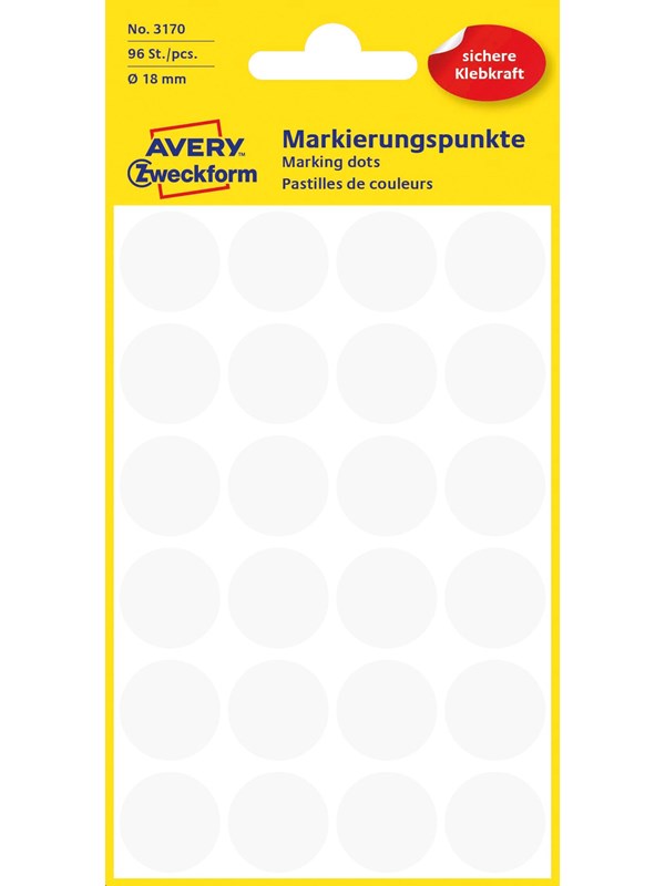 Avery Punktklistermärken, Ø 18 mm, 96 Etiketter, Vit