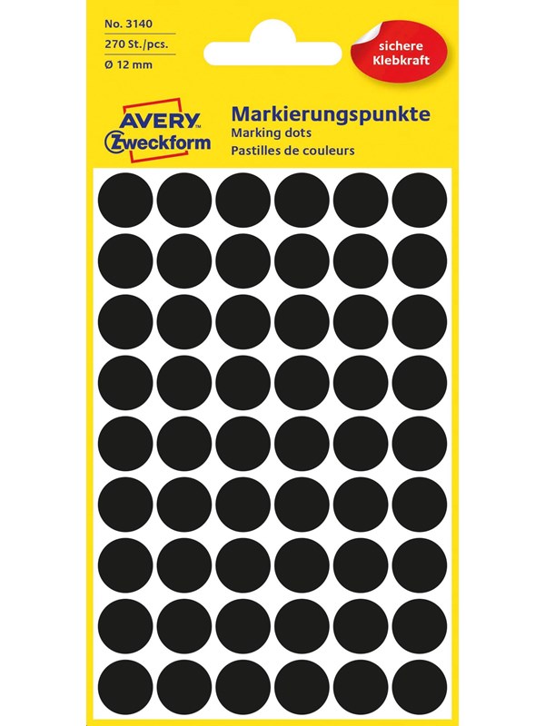 Avery Punktklistermärken, Ø 12 mm, 270 Etiketter, Svart