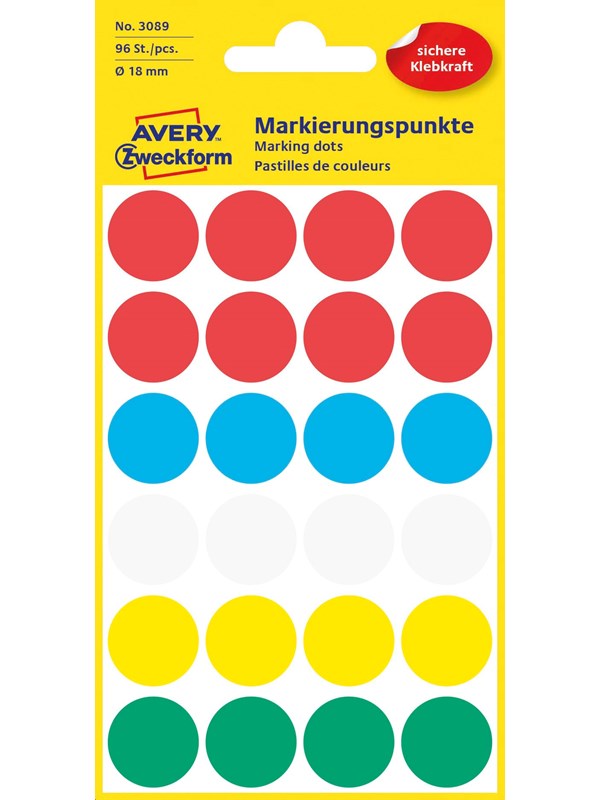 Avery Punktklistermärken, Ø 18 mm, 96 Etiketter, Diverse färger