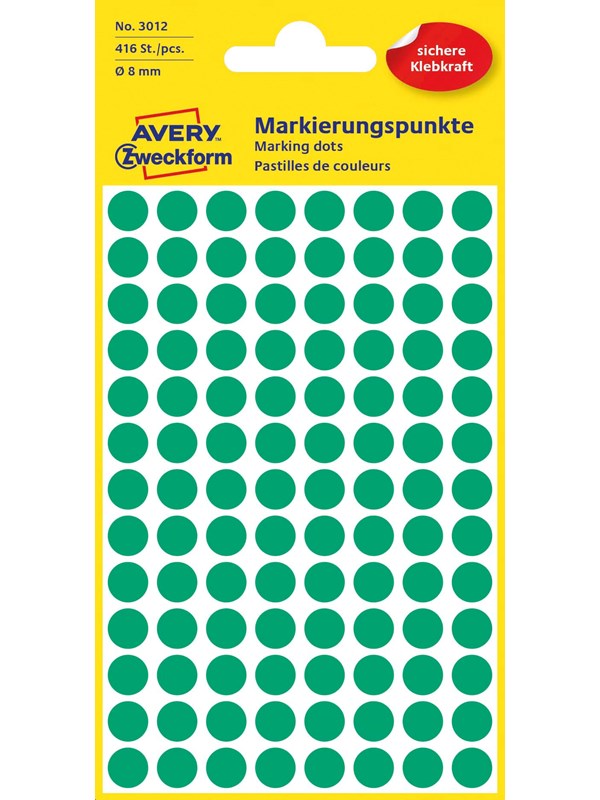 Avery Permanenthäftande färgkodningsprickar, För markering, Ø 8 mm, Grön