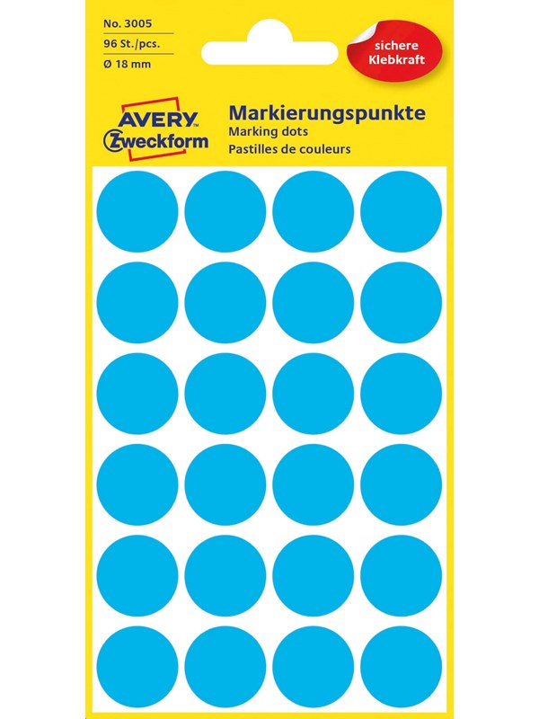 Avery Punktklistermärken, Ø 18 mm, 96 Etiketter, Blå