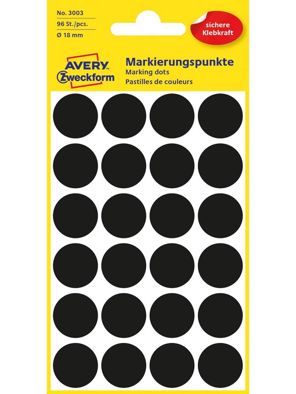 Avery Punktklistermärken, Ø 18 mm, 96 Etiketter, Svart