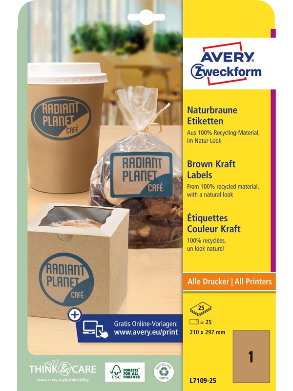 Avery Etiketter av brun papp, 210 x 297 mm, 25 Etiketter, Brun
