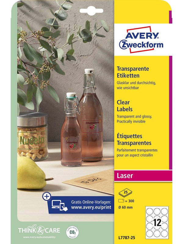 Avery Genomskinliga etiketter, Ø 60 mm, 300 Etiketter, Transparent