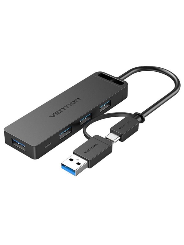 Vention 2-in-1 Interface USB 3.0 Hub with 4 Ports USB-C and USB 3.0 USB Hub - USB 3.0 - 4 porte - Svart