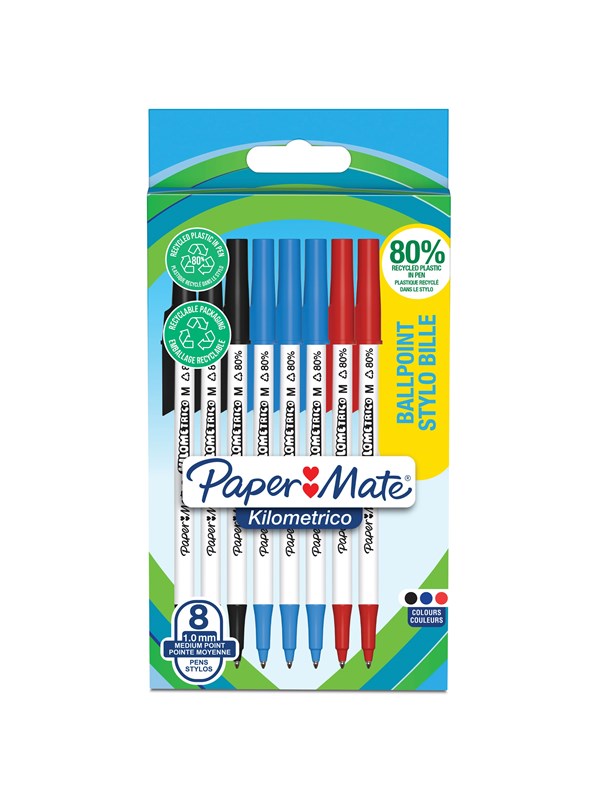 Paper Mate Kilometrico-kulspetspennor | Lång användningstid med mediumspets (1,0 mm) | Svart, blått och rött bläck | 80 % återvunnen plast | 8 st.