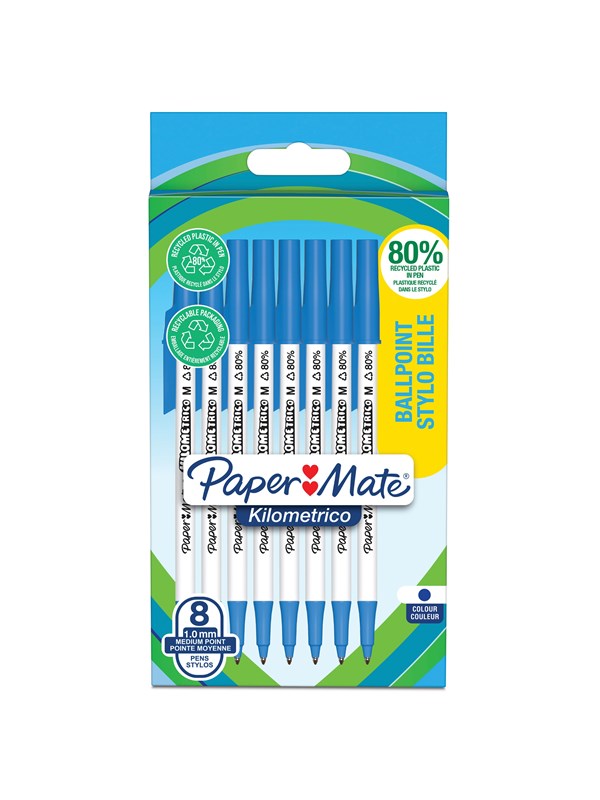 Paper Mate Kilometrico-kulspetspennor | Lång användningstid med mediumspets (1,0 mm) | Blått bläck | 80 % återvunnen plast | 8 st.
