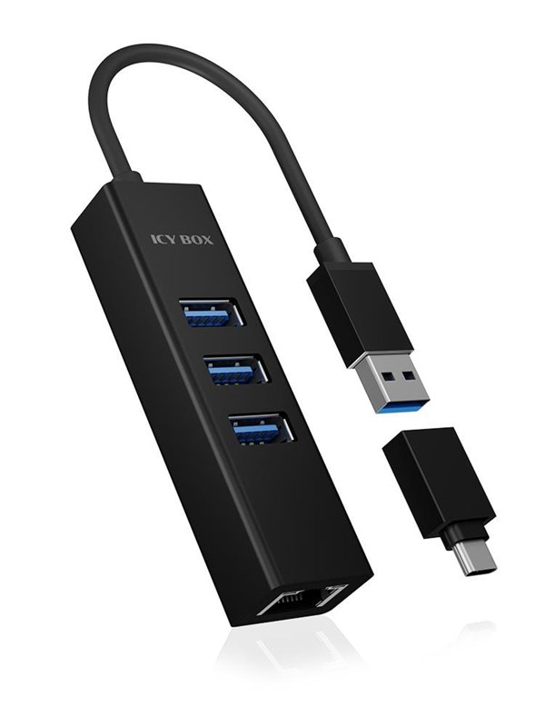 ICY BOX IB-HUB1419-LAN USB Hub - USB 3.0 - 3 porte - Svart