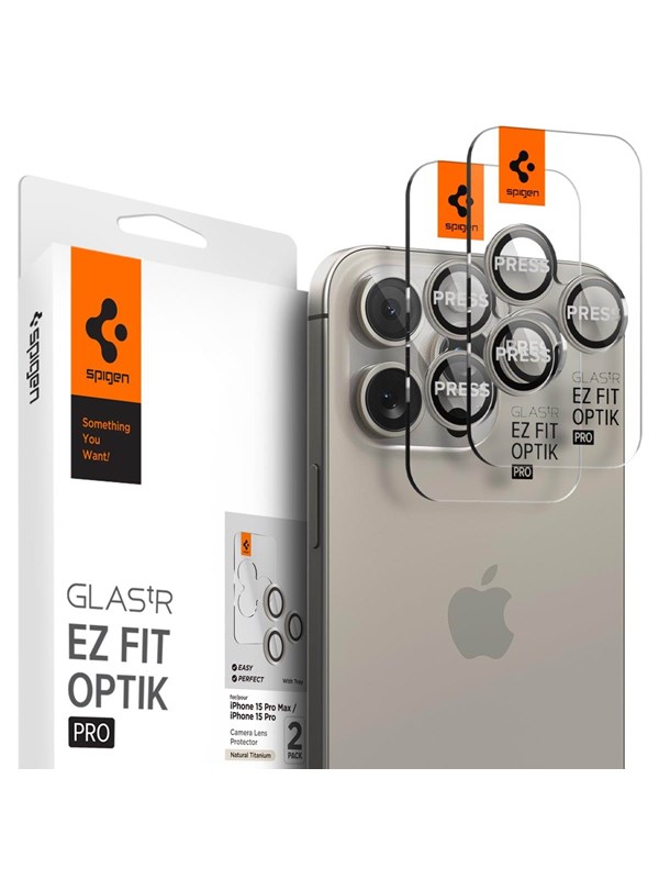 Produktfoto för Spigen Glass tR EZ Fit Optik Pro 2 Pack nature titanium - iPhone 15 Pro/15 Pro Max