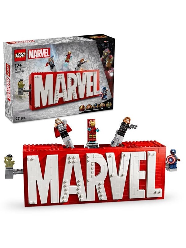 LEGO Super Heroes 76313 MARVEL logotyp och minifigurer